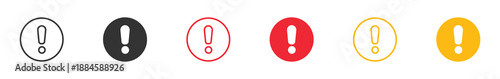 Exclamation Mark Alert Icon Set. Attention Notification Symbols. Round Warning Icons in Outline and Solid Style, Black Yellow Red Alert Vector Illustration.