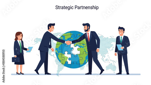 Business handshake, global partnership, puzzle globe, teamwork, international cooperation