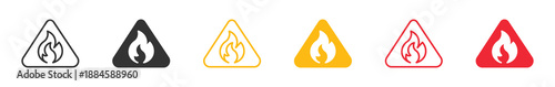 Fire Hazard Warning Icon Set. Flame Danger Triangle Symbols. Outline and Solid Style, Black Yellow Red Fire Alert Icons, Vector Illustration.