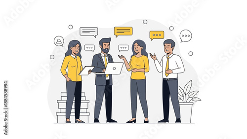 Business meeting discussion with laptop and speech bubbles