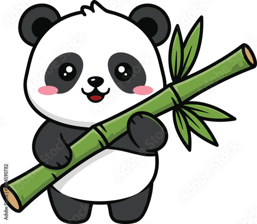 Panda cartoon, bamboo character, cute animal, green leaves, cheerful face, rosy cheeks, black white fur, playful design, kids illustration