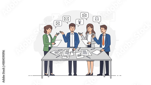 Business meeting with diverse team collaborating around a table with documents and ideas