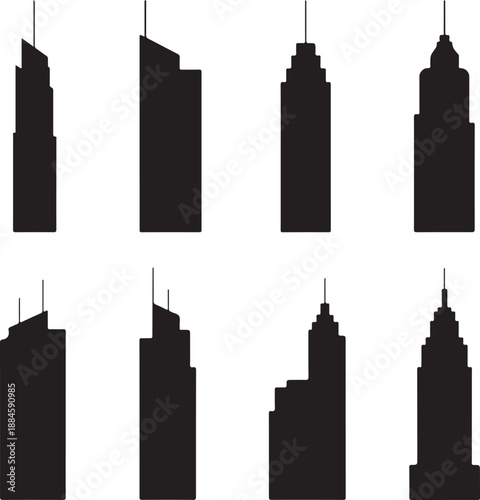 black silhouettes of city skyscrapers on white background