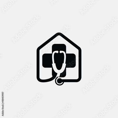 Medical Cross and Stethoscope Inside House Logo Design.
