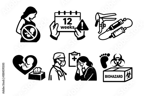 Abortion law and reproductive health black icons set