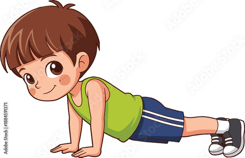 Push-up exercise, cartoon boy, fitness illustration, bodyweight workout, green shirt, blue shorts, athletic pose, kids training, physical activity, sports sketch
