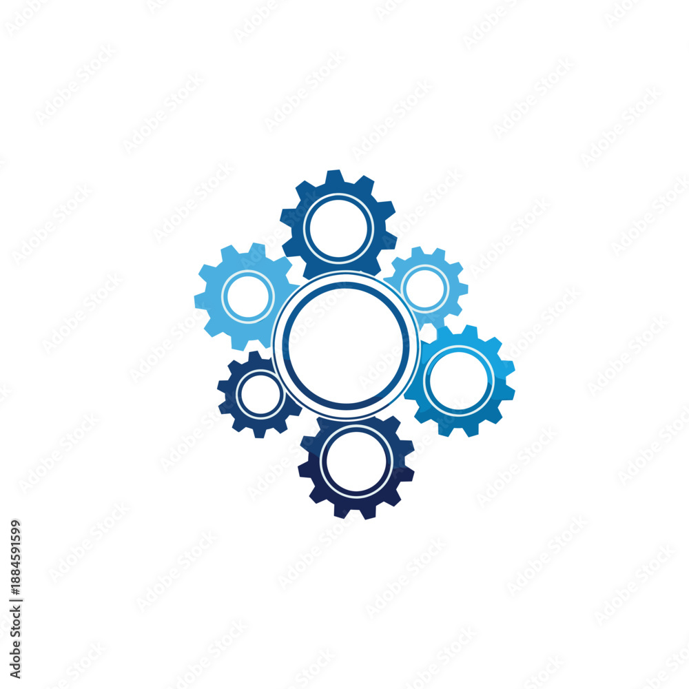 Fototapeta premium A cluster of blue gears and cogs arranged in a circular pattern, symbolizing interconnectedness and mechanical processes.