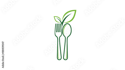 Green fork and spoon with leaves, symbolizing healthy, organic, and natural food or vegan cuisine.