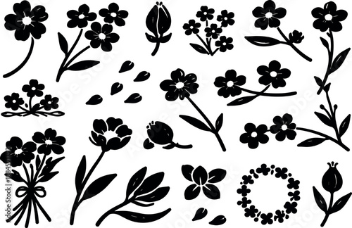 Silhouette floral vector icon set close up assorted wildflower stems buds petals bouquet wreath in black minimal flat design hand drawn