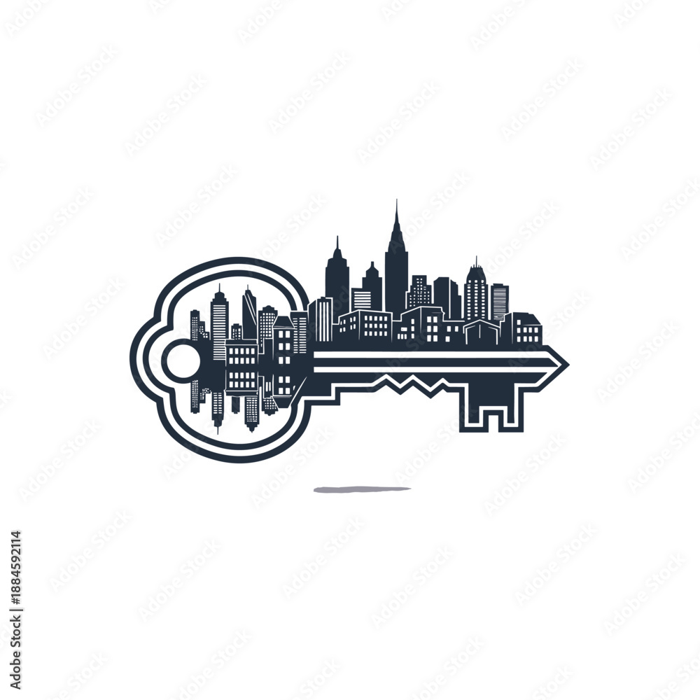 Fototapeta premium A stylized illustration of a cityscape integrated into the shape of a key, symbolizing urban access or real estate.