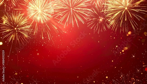 Golden fireworks on red background festive new year celebration banner with copy space
