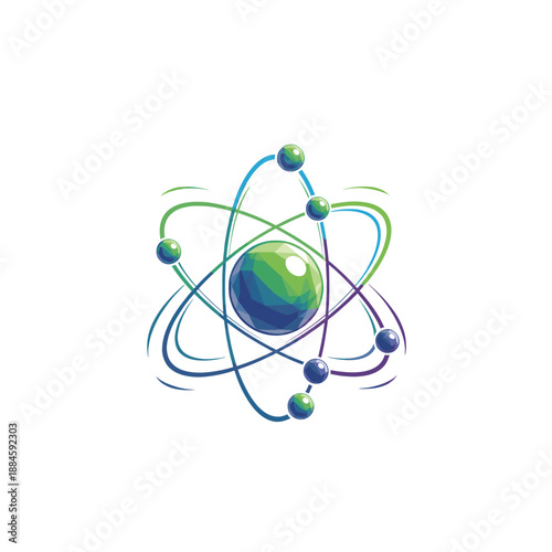 Abstract illustration of an atom with electrons orbiting a nucleus, symbolizing science and research.