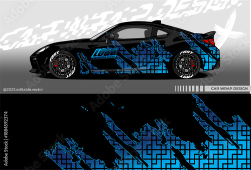 Car wrap design with with Geometric Camouflage Pattern, Black, Blue colour. Suitable for Racing, drift, rally or daily use