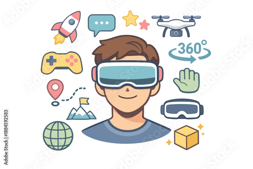 Vector illustration in flat/minimal cartoon style. A young man in a T-shirt, wearing stylish pink VR glasses. Colourful icons are scattered chaotically but harmoniously around the character.