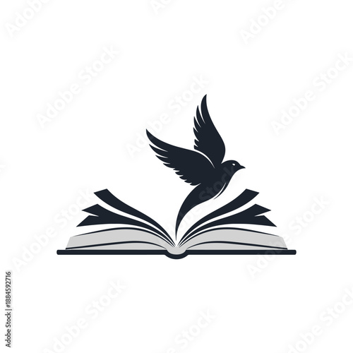 A black silhouette of a bird flying upwards from the open pages of a book, symbolizing freedom, knowledge, and imagination.