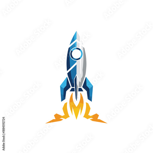 Stylized blue and silver rocket launching with orange flames, representing speed, innovation, and progress.