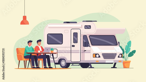 Two men relax outside a camper van with a laptop and drinks