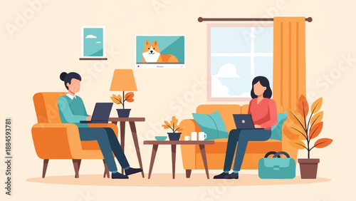Two people working on laptops in a cozy living room with autumnal decor