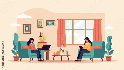 Two women and dog relax indoors on sofas with laptops and plants