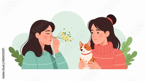 Two girls, one smelling flowers and the other holding a dog