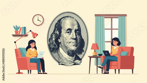 Two women working on laptops in a living room with a portrait of Benjamin Franklin