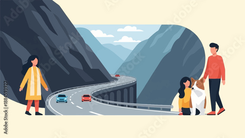 People and dog enjoy a scenic mountain road trip with cars