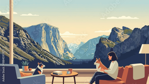 Woman and dogs relax indoors with majestic mountain view