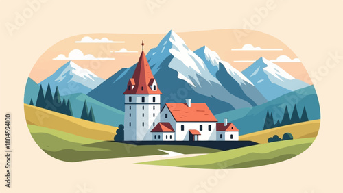 Quaint white building with red roof sits before majestic snow-capped mountains