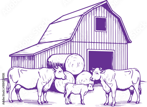 Farm animals gathered in front of barn Vector, illustration
