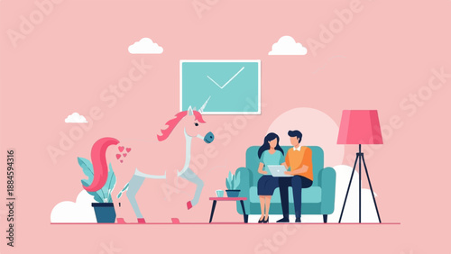 Pink unicorn in room with couple on sofa using laptop