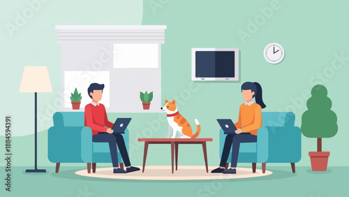 Two people work on laptops in a living room with a dog