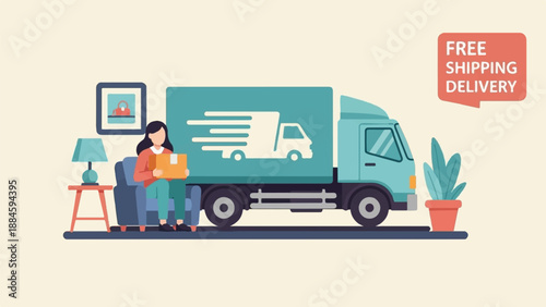Woman receives parcel as truck delivers goods with free shipping