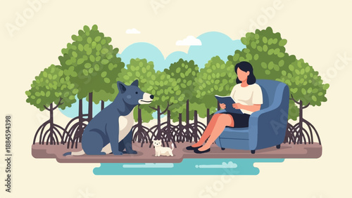 Person reading in a chair with dog and cat by trees