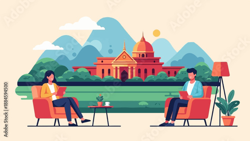 Two people reading in armchairs with a grand building and mountains behind