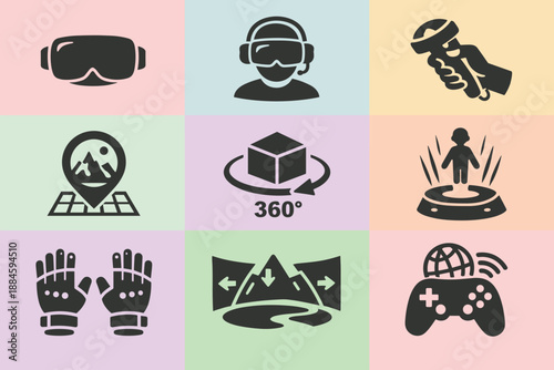VR AR Immersive Tech Icon Set: 12 Pastel Flat Icons Grid – Headset, 360°, Gloves, Virtual Worlds & Metaverse Elements