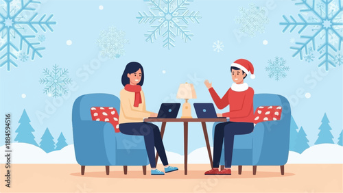 People working on laptops during a cozy winter snowfall