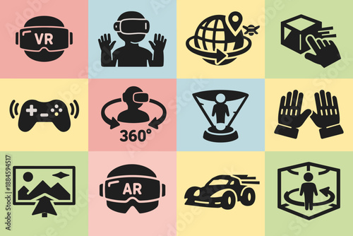 VR AR Metaverse Icon Grid: 16 Pastel Flat Icons of Headsets, 360°, Gestures, Virtual Worlds &