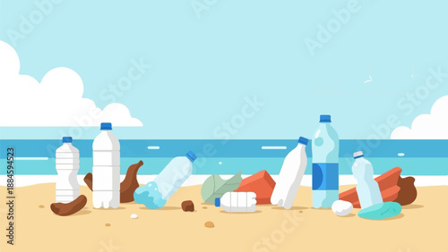 Plastic waste litters a sandy beach with the ocean and sky in the background