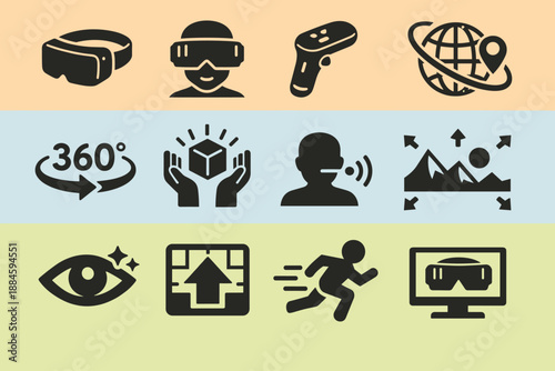 A set of icons in a modern flat/minimalist style for virtual and augmented reality (VR/AR), immersive technologies, interaction, navigation, and sensory experiences in the metaverse.