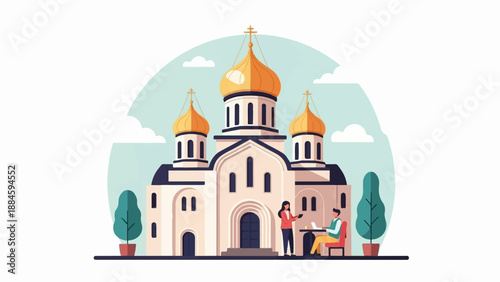 People gather at an ornate church with golden domes under a cloudy sky