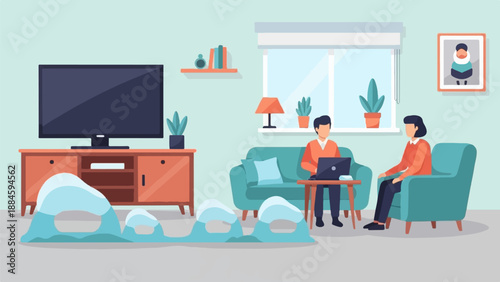 Two people in a living room with a TV and sofa, one using a laptop