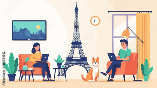 Two people and a dog in a room with Eiffel Tower decor