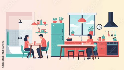 People in a bathroom and kitchen area, some sitting at tables