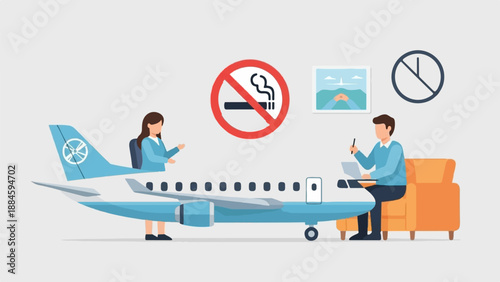 People interact around an airplane, indicating travel or aviation business