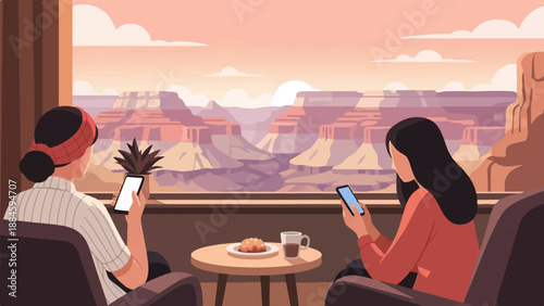 Two people in armchairs look at phones with a grand canyon view, coffee and pastry nearby