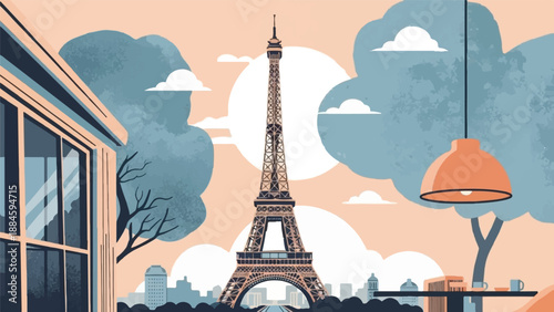 Parisian cityscape with Eiffel Tower viewed from a cafe patio