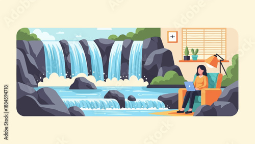 Person working on laptop from cozy chair near cascading waterfall