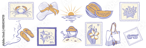 Set of postage stamps for a summer beach vacation in a vintage, hand-drawn style. Hat, watermelon, sandals, sunset, flowers, a beach bag, and other attributes and signs of a wonderful vacation.