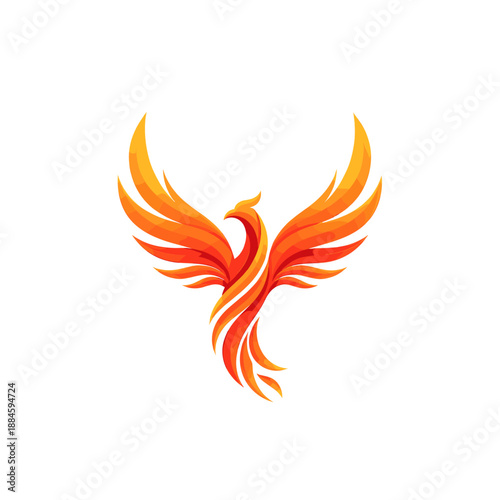 A vibrant, stylized phoenix bird logo with wings spread, featuring a gradient of orange and red colors, on a clean white background.