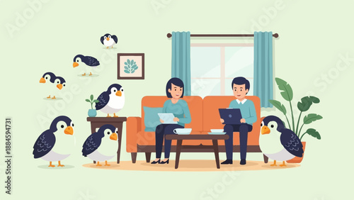 People and penguins relaxing in a cozy living room with houseplants